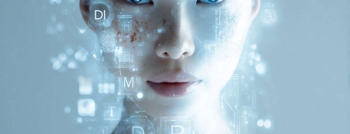 Portrait of an Asian woman, surrounded by floating digital skin type icons and MBTI code symbols (D, I, B, T, A), futuristic data streams and holographic graphics overlaying moisture, oil, barrier, pigmentation, and aging indicators on her skin, glowing bright background in blue and white tones, high-tech, scientific, modern beauty editorial style, --ar 8:5 --raw --v 7 Job ID: 4e889c01-848b-4c3b-94c8-8a39cea3c11a